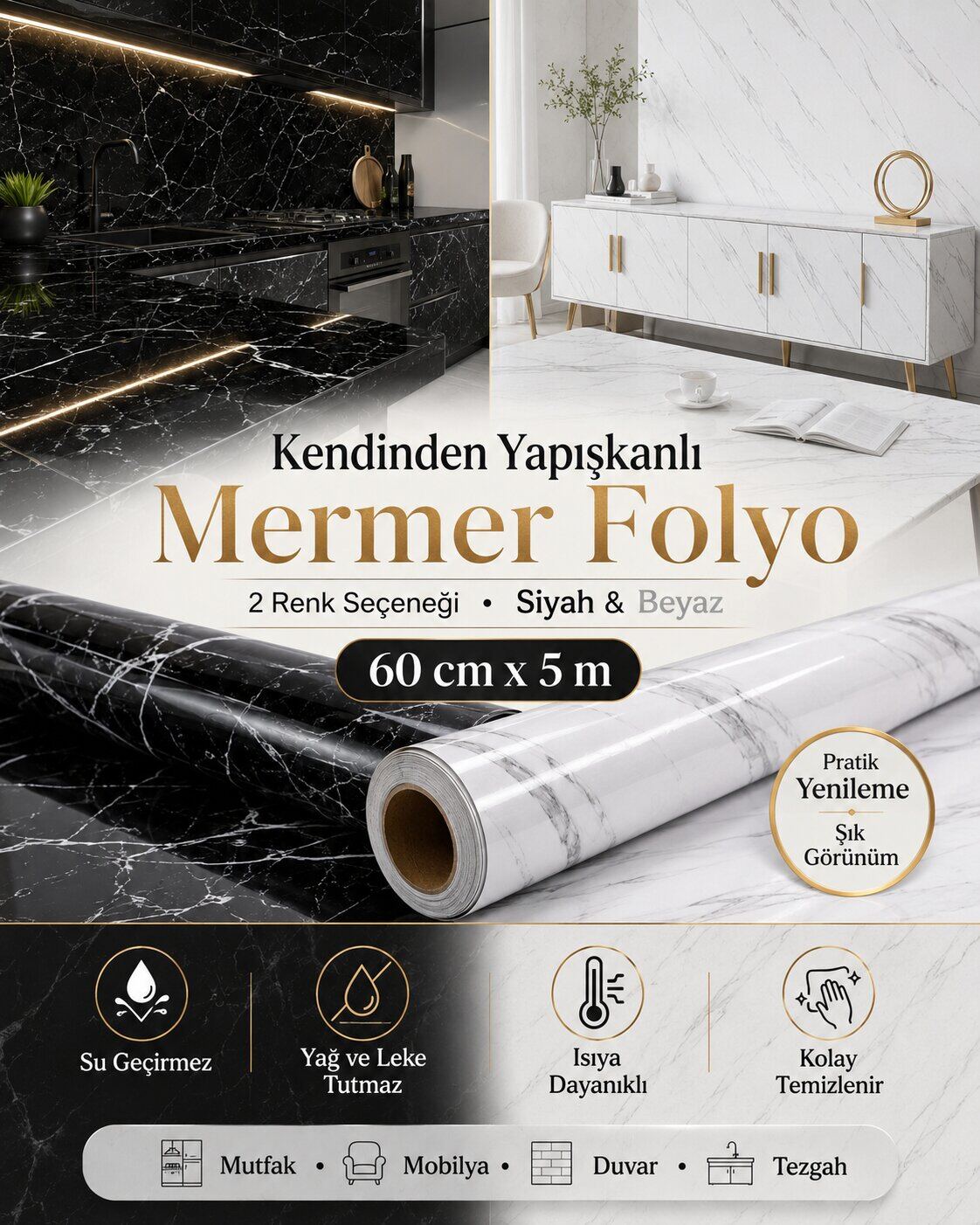 YAPIŞKANLI MERMER DESENLİ TEZGAH KAPLAMA
